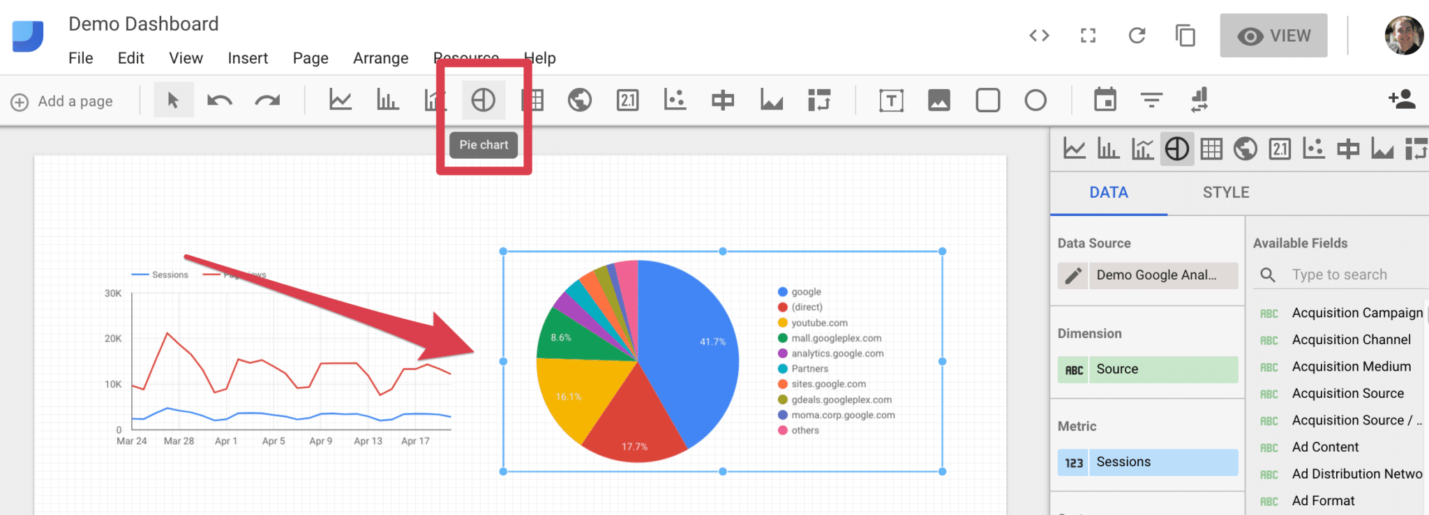 add pie chart How to build a Google Data Studio Dashboard