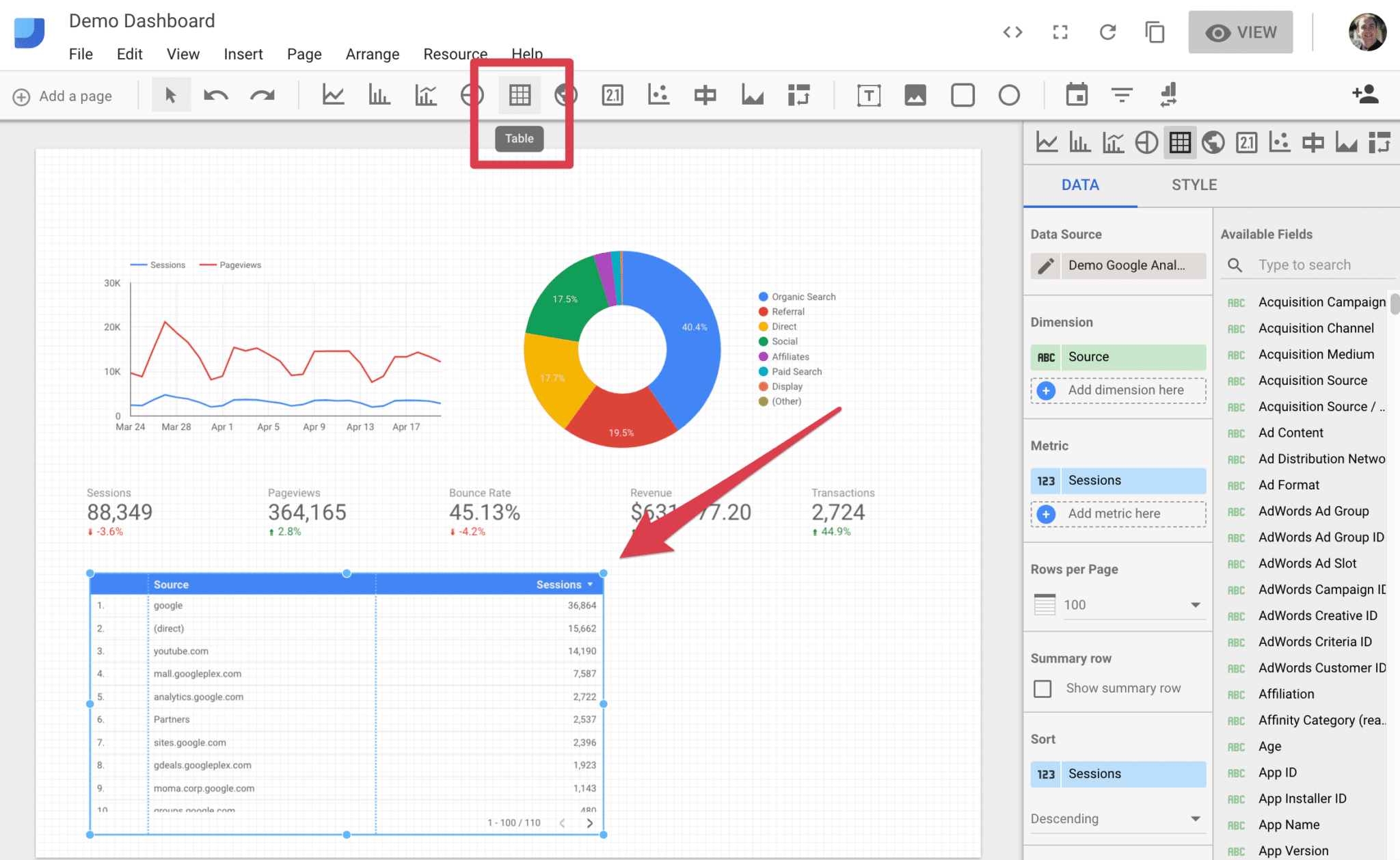 add table How to build a Google Data Studio Dashboard