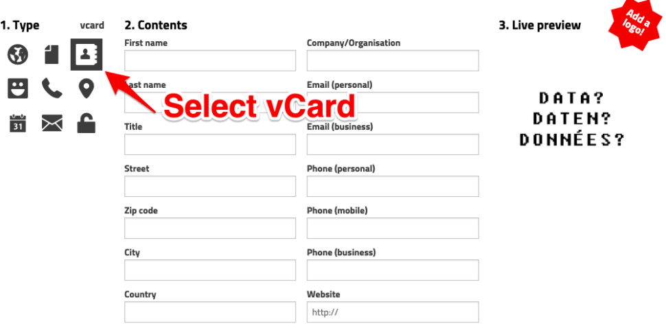 Select vCard to create a contact QR code
