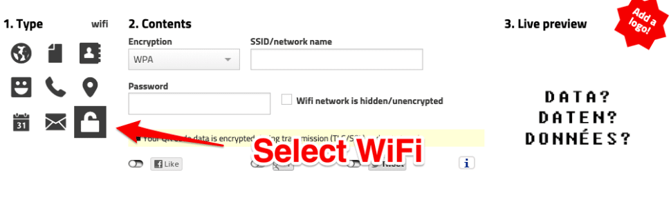 to create a wifi login qr code, select wifi as the type.